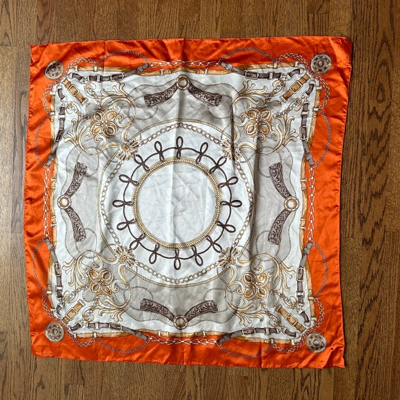 Orange Ivory Silky Square Scarf Chainlink Pattern - Picture 1 of 3